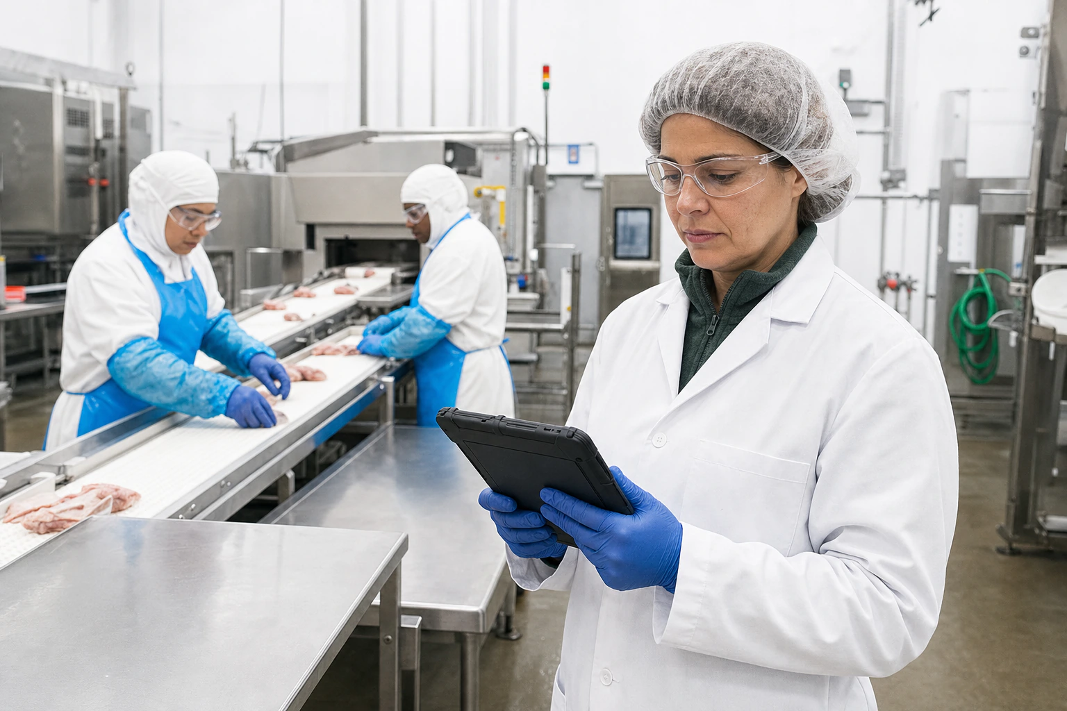 Quality professional using a rugged tablet in a clean food production facility