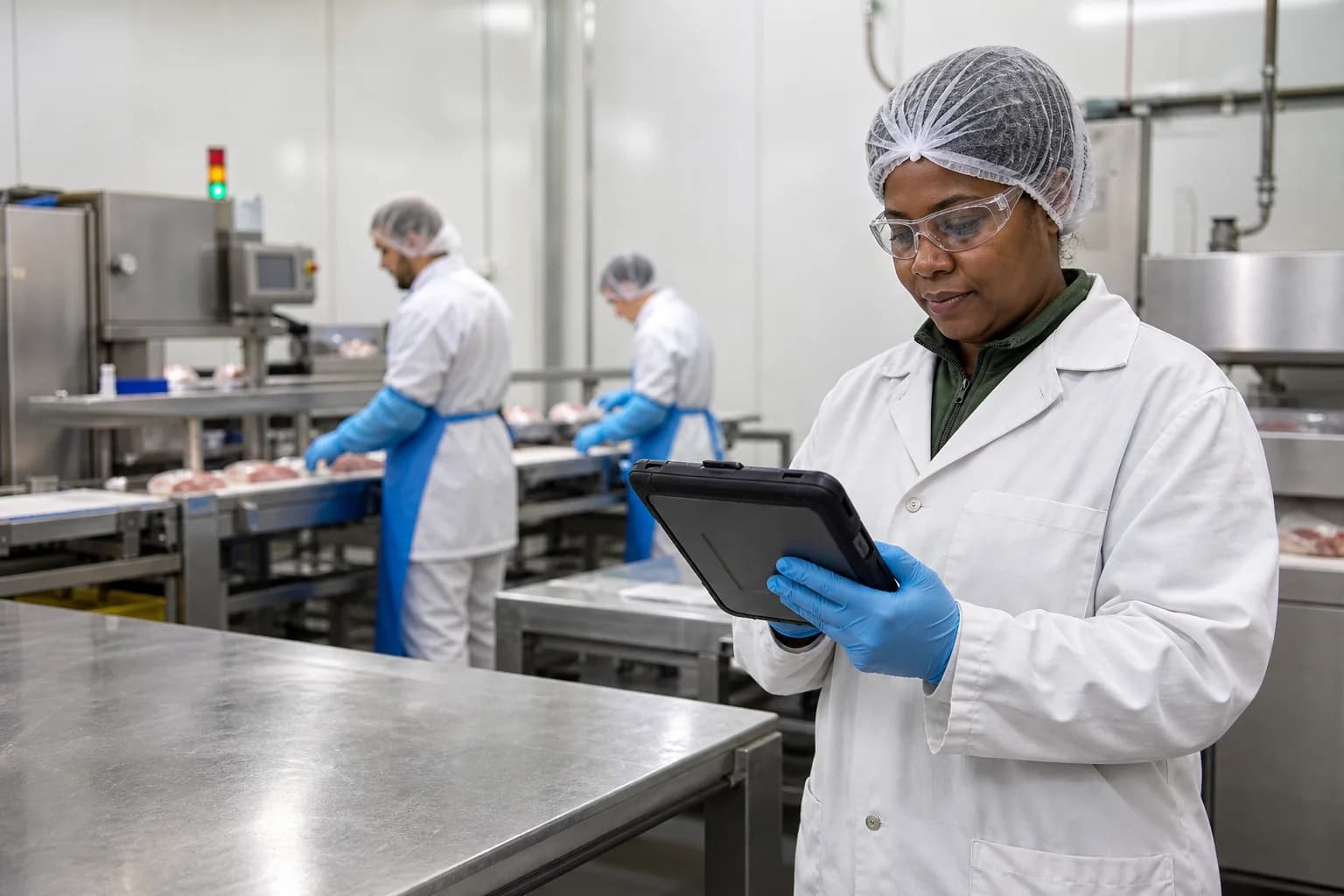Quality professional using RecordVera on a tablet in a food processing facility